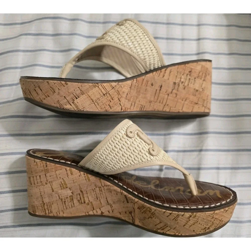 Sam Edelman Ruth Beige Leather Cork Wedge Thong Sandals size 8M